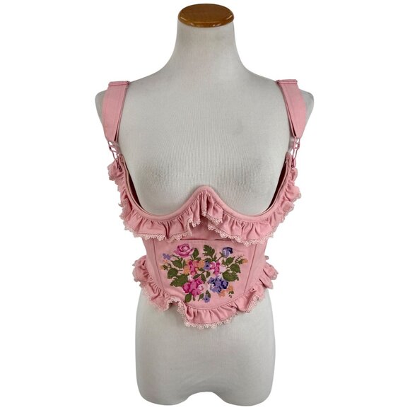 Sugar Thrillz Pink Embroidered Floral Under Bust Crop Top • Coquette Soft Goth L - Picture 11 of 14